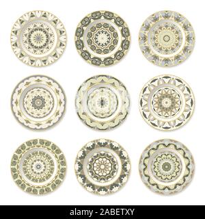 Set of nine green decorative plates with a circular pattern, top view. White background. Vector illustration. Stock Vector
