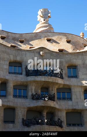 BARCELONA, SPAIN - JULY 4: Casa Mila at night on July 4, 2017 in Barcelona. The Casa Mila is together with other works of Antoni Gaudi Stock Photo