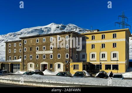 Bernina Hotel, Albergo Ospizio Bernina, in winter on the Bernina pass, Engadin, Grisons, Switzerland Stock Photo