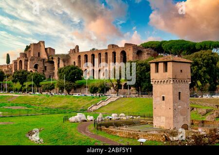 Torre Moletta in the Circus Maximus and the Palatine Hill, Rome, Italy Stock Photo