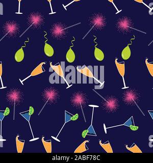 Cute party vector seamless pattern background with colourful drinks, fireworks and balloons. Stock Vector