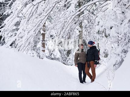 Content couple standing in a snowy forest while out hiking Stock Photo
