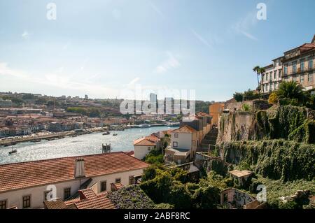 Porto cityscape and Douro river as seen from Cathedral hill looking west. Porto, Portugal Stock Photo
