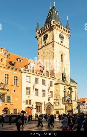 A view of the clock tower in the main old town square that features the astronomical clock Stock Photo