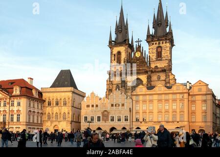 The twin towers of the Church of  our Lady in the old town square in Prague, Czech republic Stock Photo