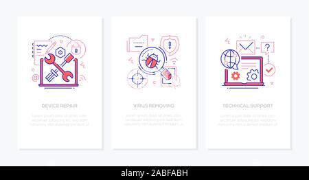 Computer service - line design style banners set Stock Vector