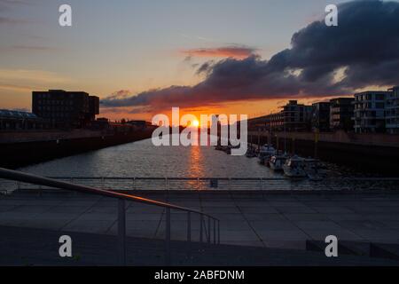 Beautiful view of the sunset at Europahafen in the Überseestadt in Bremen, Germany