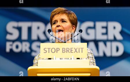 Glasgow, Scotland, UK. 27th November 2019. First Minister of Scotland Nicola Sturgeon launches the SNP’s general election manifesto at  SWG3 studio warehouse in Glasgow. Her address had the message that Scotland had to be protected from Boris Johnson and Brexit. Iain Masterton/Alamy Live News. Stock Photo