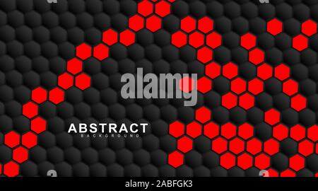 abstract vector background. Geometric black hexagonal. Surface polygon pattern with red hexagon, honeycomb. 3D design illustration technology Stock Vector