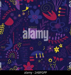 Seamless pattern abstract shapes collage purple blue pink yellow. Modern background design with doodle flowers, hearts, elements for fabric, textile Stock Vector