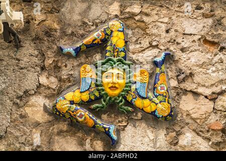 A Trinacria, ancient symbol of Sicily, Taormina, Sicily, Italy Stock ...