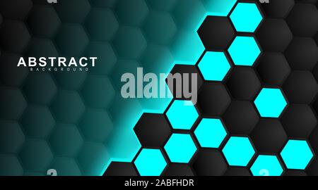 abstract vector background. Geometric black hexagonal. Surface polygon pattern with light blue hexagon, honeycomb. 3D design illustration technology Stock Vector