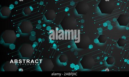 abstract vector background. Geometric black hexagonal. Surface polygon pattern with light blue hexagon shadows, honeycomb. design technology Stock Vector