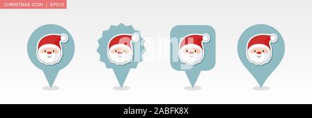 Santa Claus face pin map icon. Merry Christmas and Happy New Year. Christmas Map pointer. Map markers. Isolated vector illustration Stock Vector