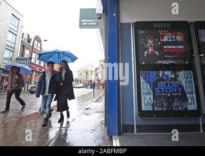 A poster advertising the film Blue Story at an Odeon cinema in London. Vue Cinemas withdrew the film after seven police officers were injured in a disturbance at Star City in Birmingham on Saturday evening. Stock Photo