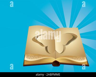 Old opened book with cut out butterfly on blue background. Stock Vector