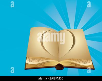 Old opened book with cut out heart on blue background. Stock Vector