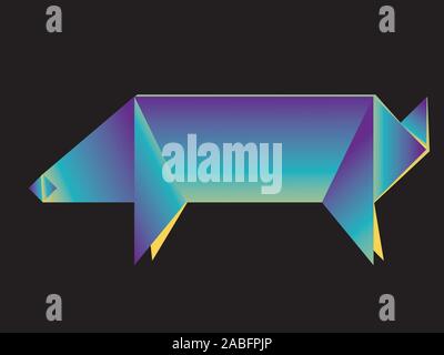 Abstract origami pig made of colorful neon folded paper illustration. Stock Vector