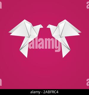 White folded paper, origami pigeon on pink background. Stock Vector