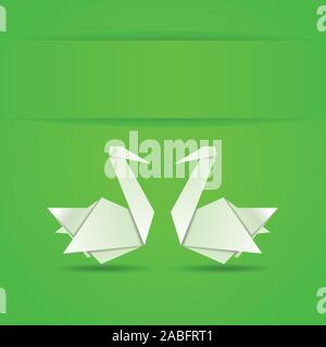Origami, white folded paper swans on green background. Stock Vector