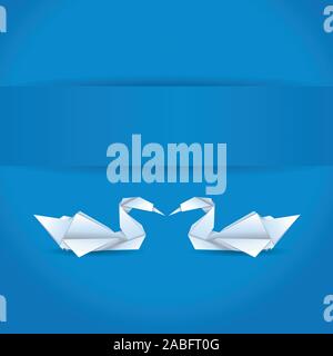 Origami, white folded paper swans on blue background. Stock Vector