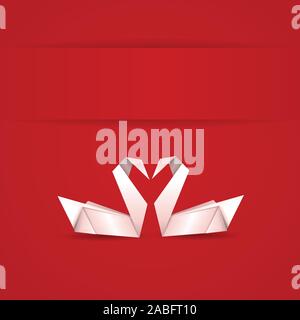 Origami, white folded paper swans on red background. Stock Vector