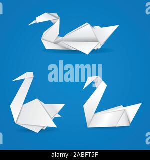 White folded paper swans on blue background. Stock Vector