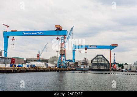 Cranes and lifting equipment at Kiel Harbour, north Germany Stock Photo