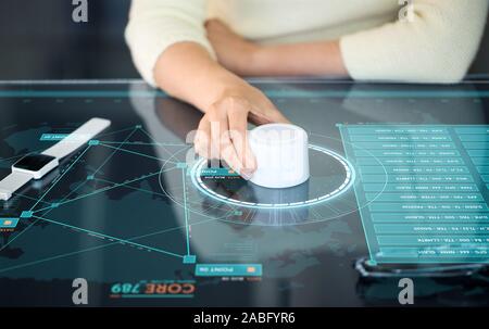 woman with control knob on interactive panel Stock Photo