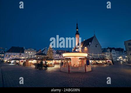 Traditional Christmas market on Town Hall Square in Tallinn, Estonia. Stock Photo