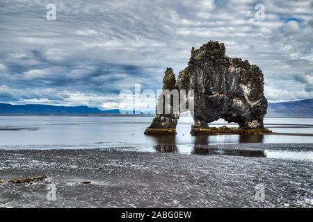 Hvitserkur during Cloudy Day, A Spectacular Rock in the Sea on the Northern Coast of Iceland Stock Photo