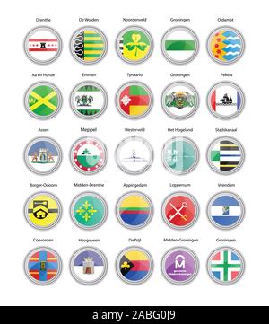 Set of vector icons. Cities of Netherlands flags (Drenthe and Groningen provinces). Vector. Stock Vector