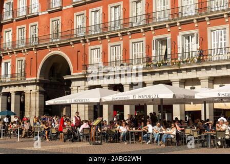 Restaurants on Plaza Mayor, Madrid, Spain Stock Photo