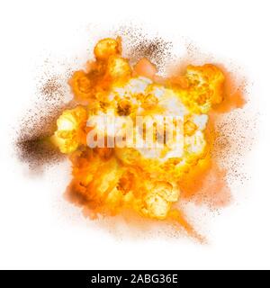 Fiery explosion with sparks and smoke on white background. Texture photography Stock Photo