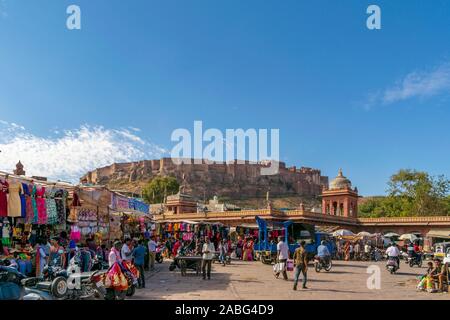 Sardar Market, Jodhpur, Rajasthan, India;  24-Feb-2019; Sardar Market with the Mehrangarh Fort in the background Stock Photo