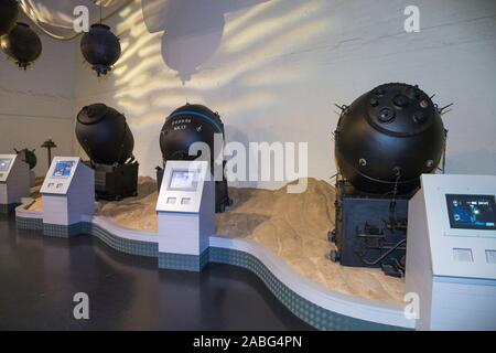 Explosive sea mine / mines on display inside the interior of the Explosion Museum of Naval Firepower; the Royal Navy's former armaments depot of Priddy's Hard, in Gosport. UK (105) Stock Photo