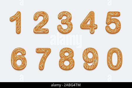 Set of holiday cookies in the form of numbers with icing and colored sprinkles. Isolated on light background Stock Vector