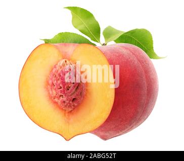 isolated peach fruits. Halved pink peach with leaves and kernel isolated on white background with clipping path Stock Photo