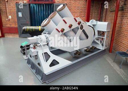 Squid mortar system which fired a series of projectile depth charges, in use at the end of World War II, and then post war, on display at the Explosion Museum of Naval Firepower; the Royal Navy's former armaments depot of Priddy's Hard, in Gosport. UK (105) Stock Photo