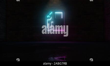 3D rendering of blue violet neon symbol of gas pump station on dark brick wall background with wet blurred reflection Stock Photo