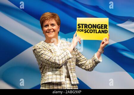 Glasgow, Scotland, UK. 27th November 2019. First Minister of Scotland Nicola Sturgeon launches the SNPÕs general election manifesto at  SWG3 studio warehouse in Glasgow. Her address had the message that Scotland had to be protected from Boris Johnson and Brexit. Iain Masterton/Alamy Live News. Stock Photo