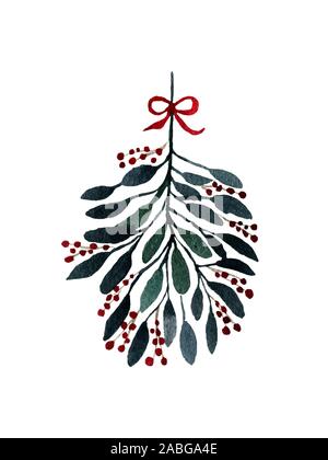 watercolor mistletoe isolated on white background, christmas card design element Stock Photo