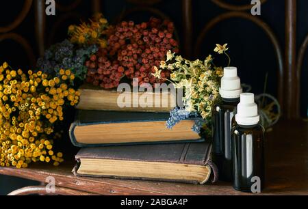 Bunches of dried wild herbs around old pharmaceutical books with recipes of alternative medicine close to bottles with natural plant extracts on dark Stock Photo