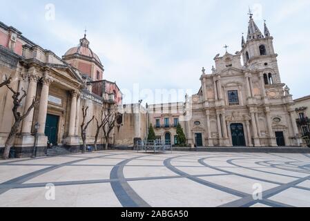 Saint Mary of the Announcement Cathedral and Church Collegiate Basilica of the Holy Apostles Peter and Paul in Acireale city on Sicily Island, Italy Stock Photo