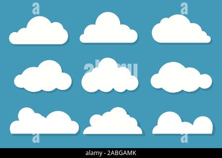 White clouds flat design set on blue sky background. Vector Stock Vector