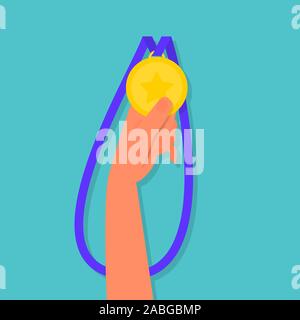 illustration of human hand holding golden medal vector background Stock ...