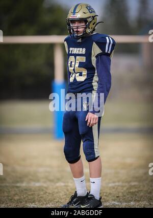 Football action with Weiser vs Timberlake in Spirit Lake, Idaho. Stock Photo