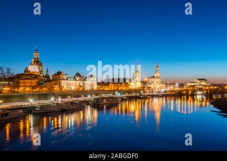 Night skyline of city of Dresden and Elbe River in Saxony, Germany.