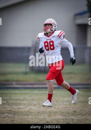 Football action with Weiser vs Timberlake in Spirit Lake, Idaho. Stock Photo