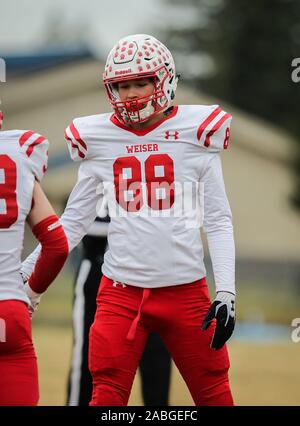 Football action with Weiser vs Timberlake in Spirit Lake, Idaho. Stock Photo